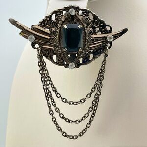 Vintage Gothic Black Acrylic Stone Brooch with Chains & Filigree Accents